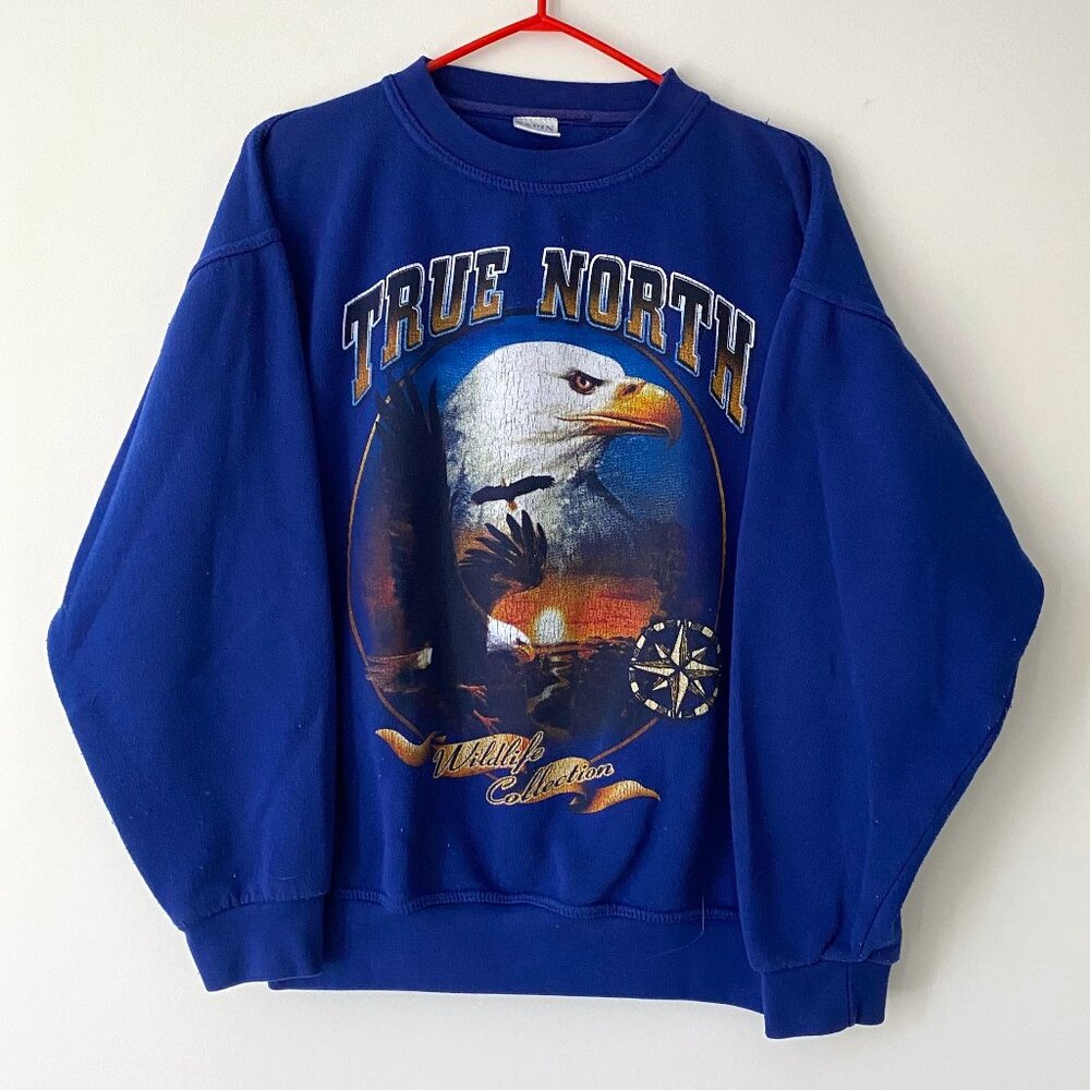 90s vintage blue bald eagle nature wildlife graphic cotton pullover sweatshirt